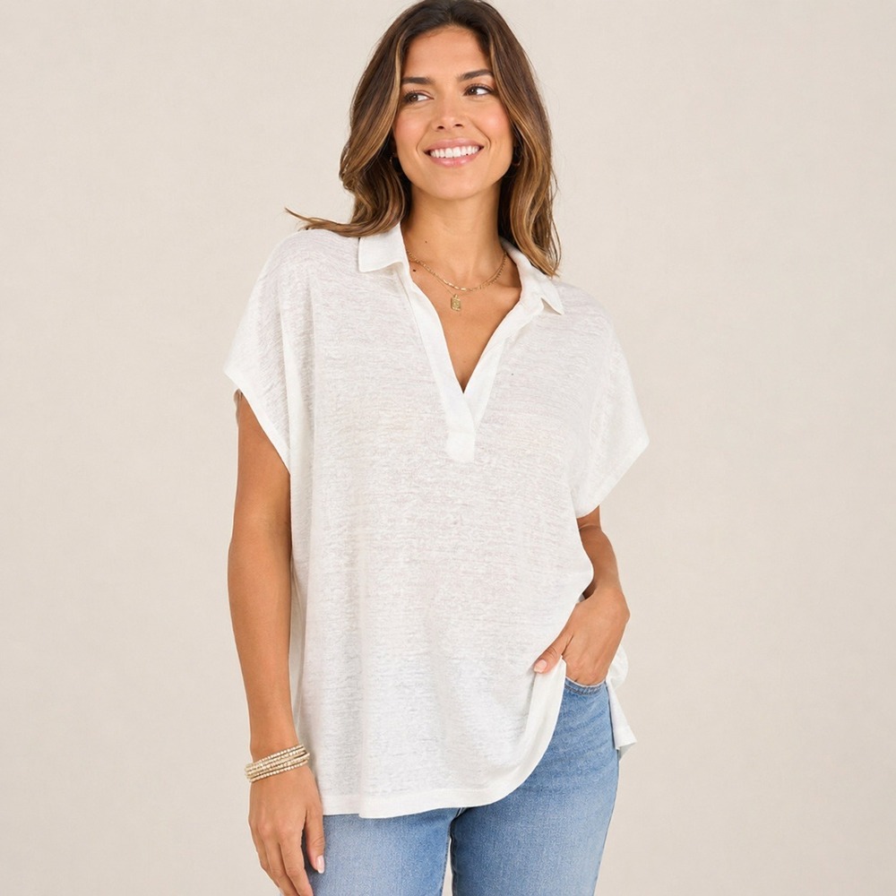 Chico's Naturally Ivory 100% Linen‎ Polo V-Neck Short Sleeve Top Size 1 M NEW